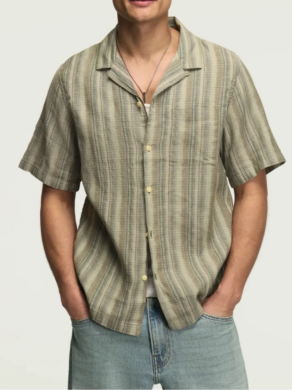 Lucky Brand Mens Short Sleeve Button-Up Shirt in Olive Stripe